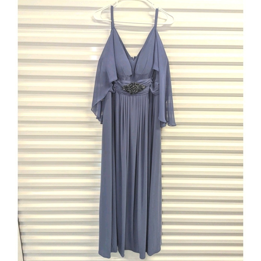 Capelet Chiffon Formal Evening Gown Beaded Empire Waist Patra Size 18 Blue
